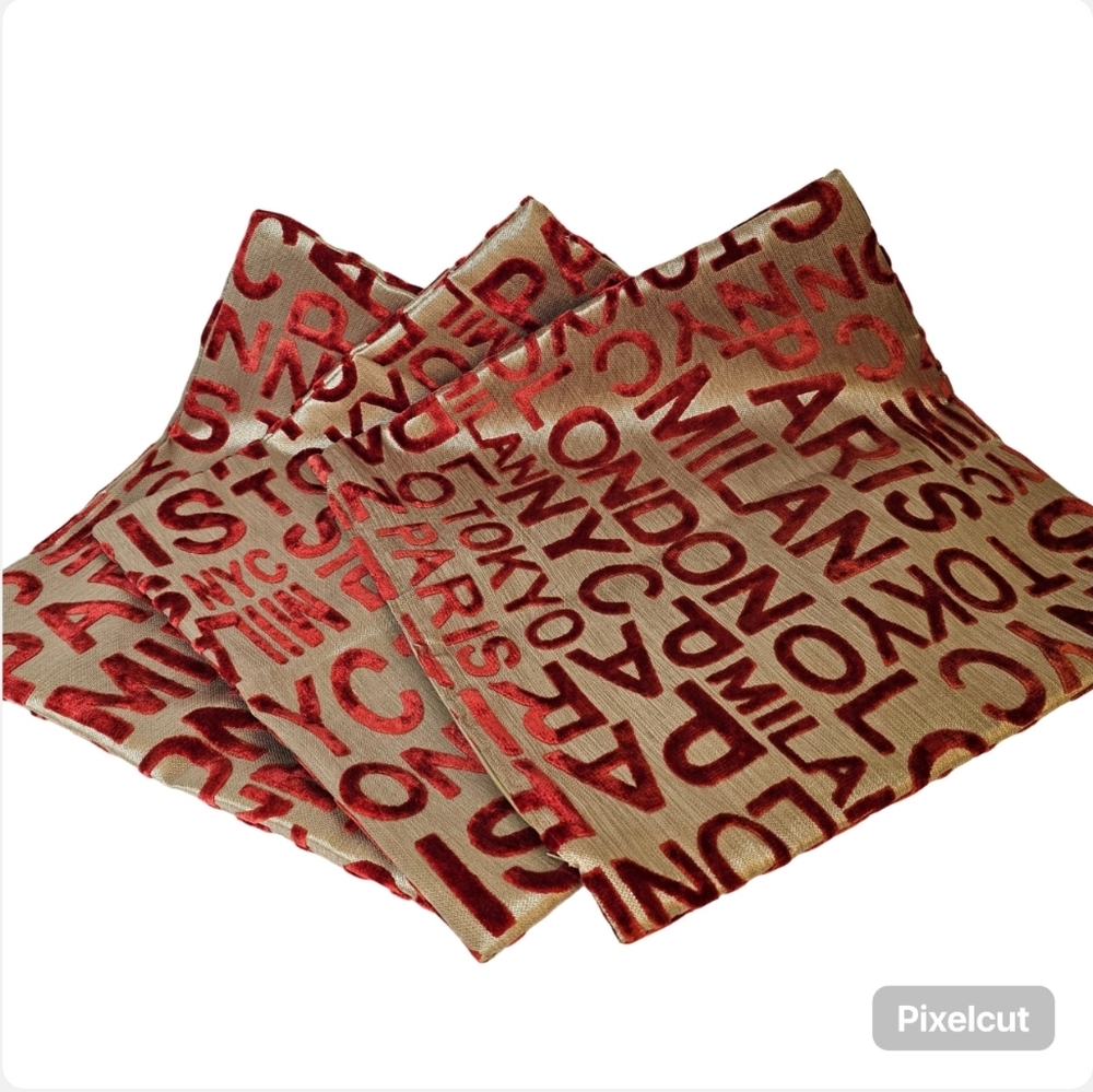 Three red and gold velvet burnout decorative accent pillow covers square 16x16"